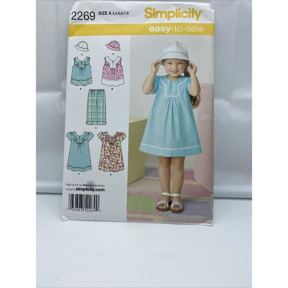 Simplicity Pattern 2269 Girls Dress Top Cropped Pants Hat Sz 3-4-5-6-7-8 Uncut - Picture 1 of 3